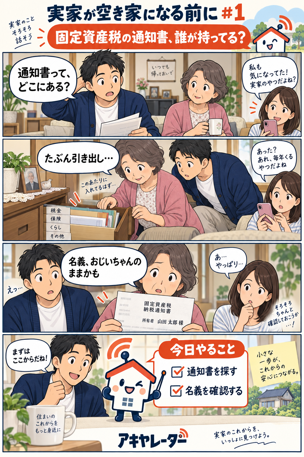 空き家マンガ第1話 固定資産税の通知書を家族で探す場面