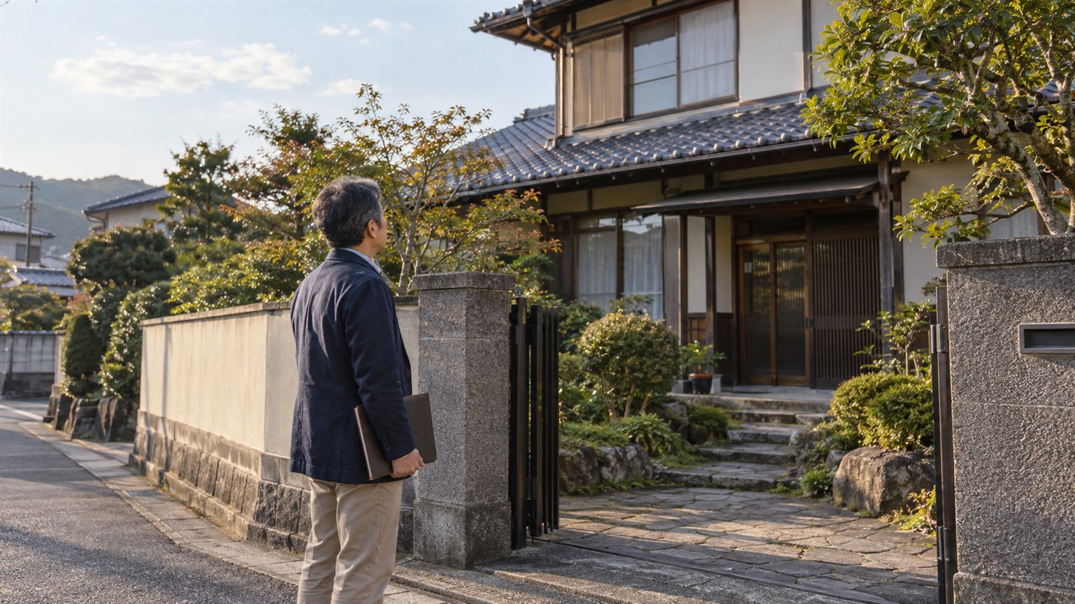 誰も住んでいない実家を前に、今後の選択肢を落ち着いて考える様子